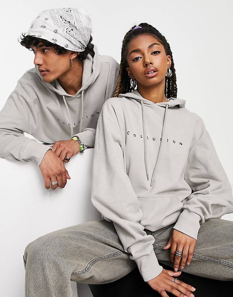 COLLUSION Unisex natural dye hoodie and sweatpants set with text print in gray